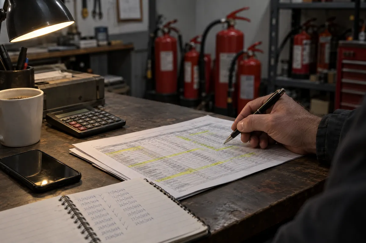 Escritorio de un taller con una planilla impresa marcada, un cuaderno con fechas a mano y una calculadora