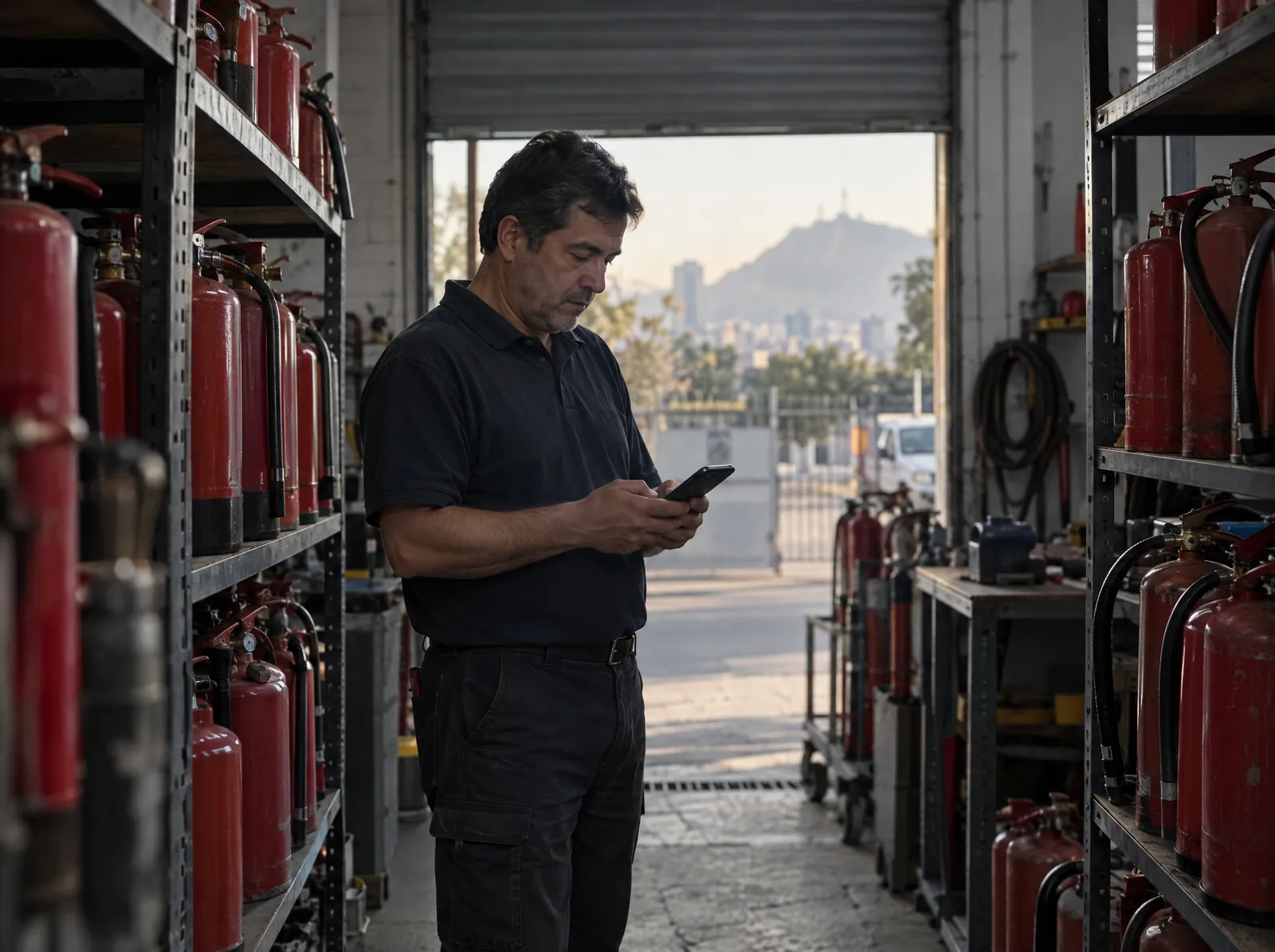Dueño de un servicio técnico de extintores revisando el celular en su taller