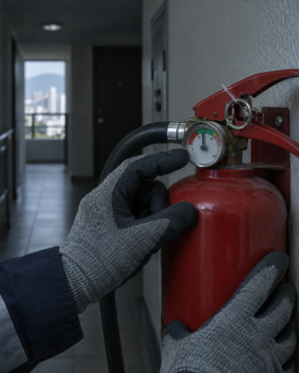 Manos de un técnico revisando el manómetro de un extintor en el pasillo de un edificio