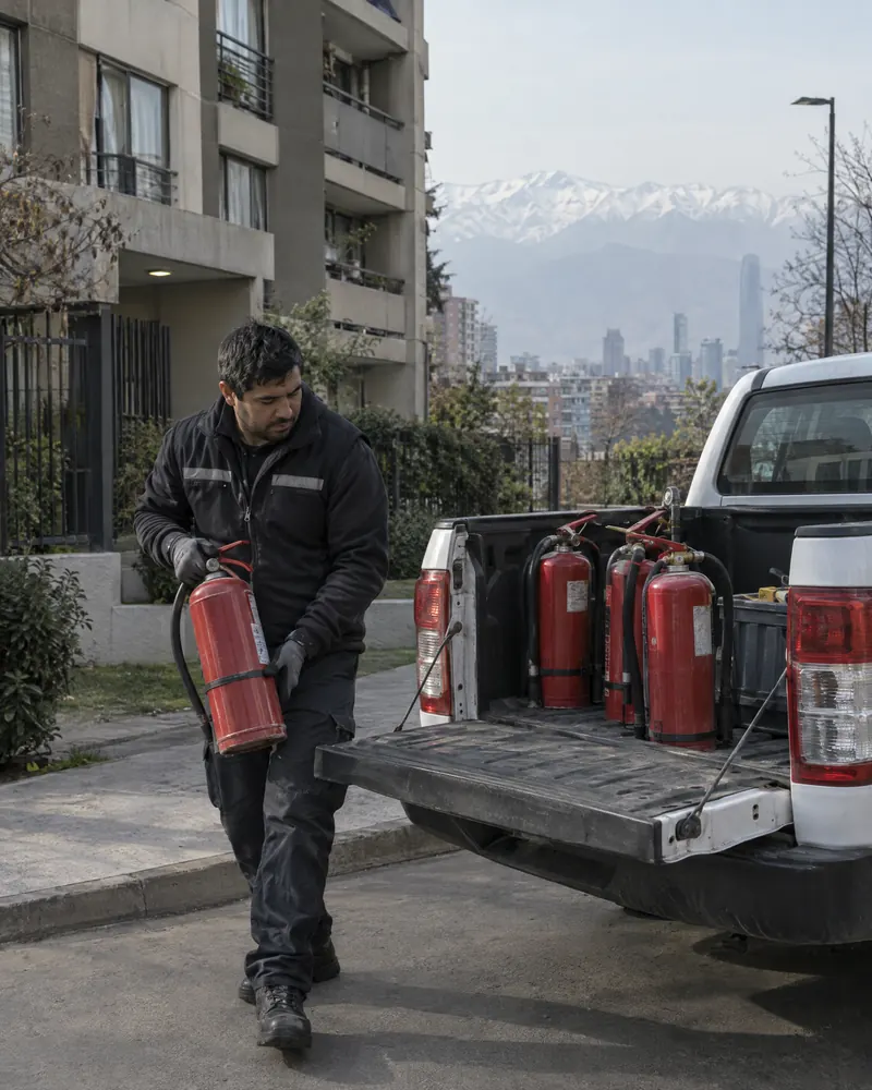 Técnico bajando extintores de una camioneta frente a un edificio de Santiago