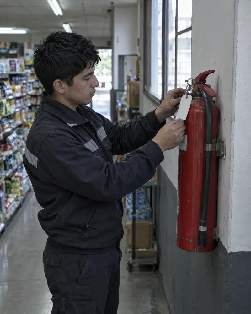 Técnico colgando la etiqueta de revisión en un extintor de un supermercado